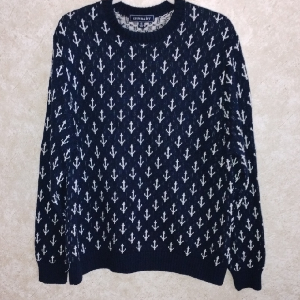 Crown And Ivy Navy Blue Anchor Sweater, Nautical, Sailor,Preppy, Size XL